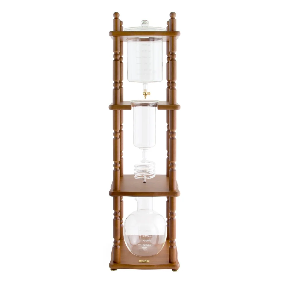 Yama Glass 25 Cup Cold Drip Maker Curved Brown Wood Frame Brewer