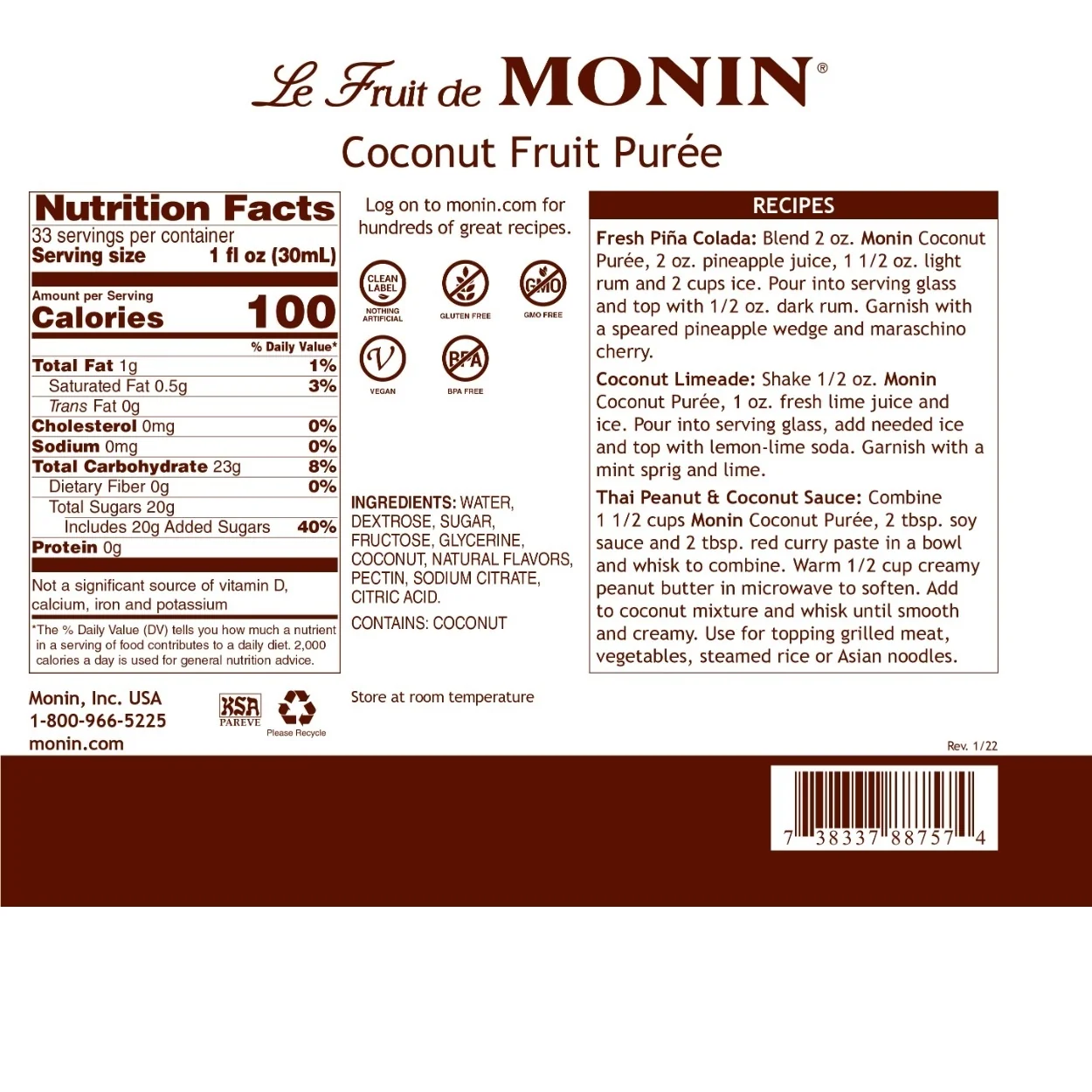 Monin Coconut Puree Bottle - Image 2