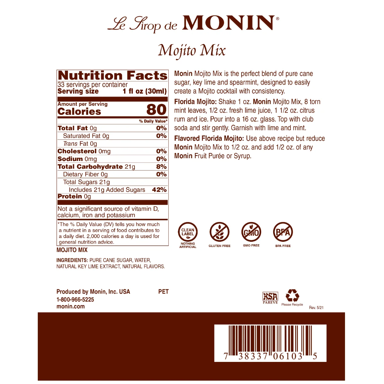 Monin Mojito Mix Syrup Bottle - Image 2