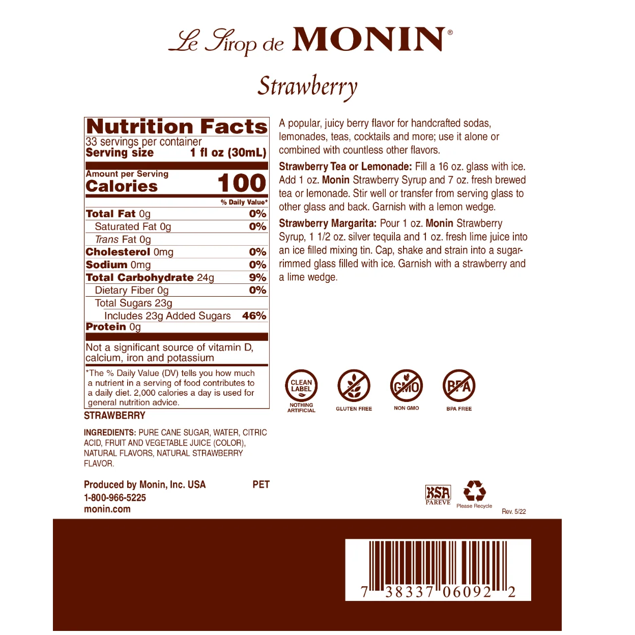 Monin Strawberry Syrup Bottle - Image 2
