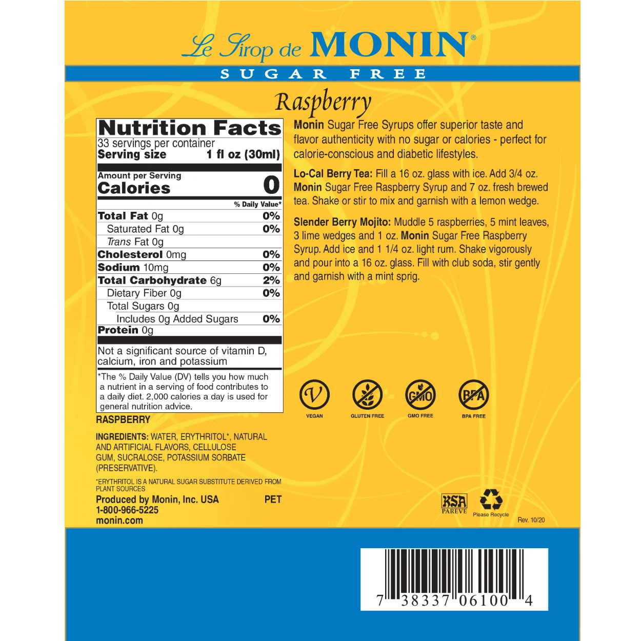 Monin Sugar Free Raspberry Syrup Bottle - Image 2